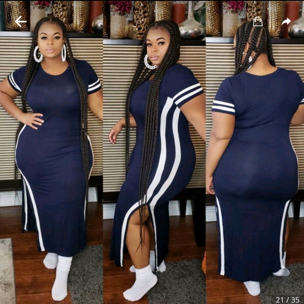 Stripe it blue dress with slit on the side